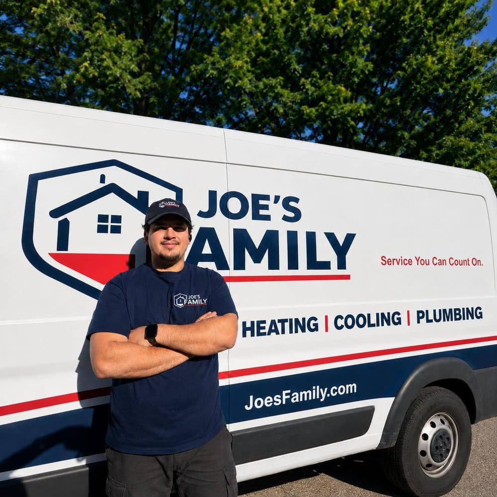 Joe's Family technician standing in front of the company van